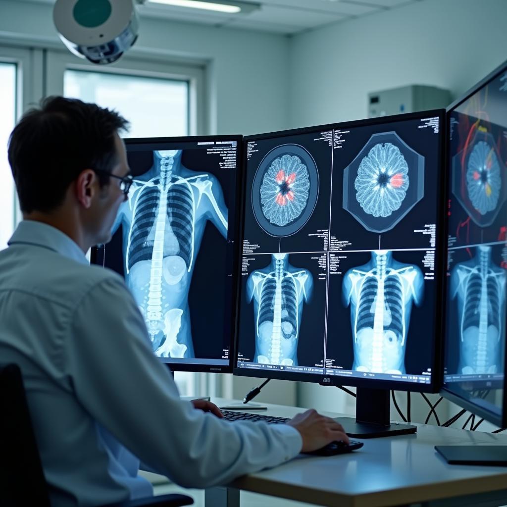 Minh họa hệ thống AI phân tích hình ảnh y tế trong bài thi IELTS Reading về tác động trí tuệ nhân tạo