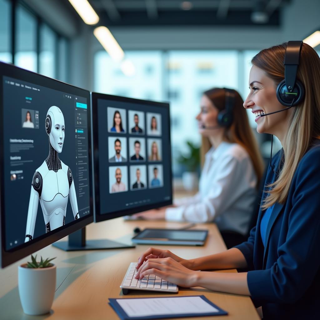 Robot trí tuệ nhân tạo hỗ trợ khách hàng trong môi trường văn phòng hiện đại tăng năng suất làm việc