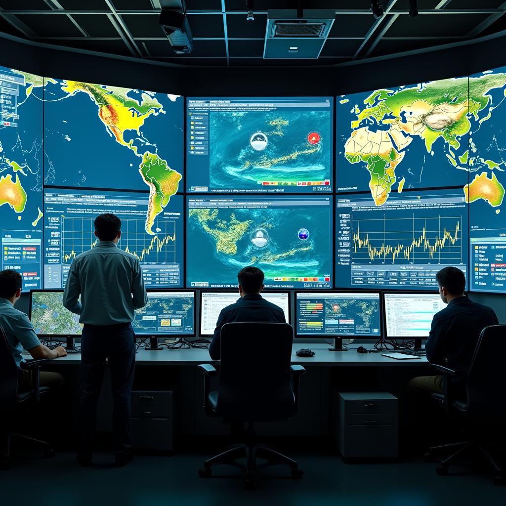 Hệ thống AI dự báo thiên nhiên với màn hình hiển thị dữ liệu thời tiết và cảnh báo sớm IELTS Reading