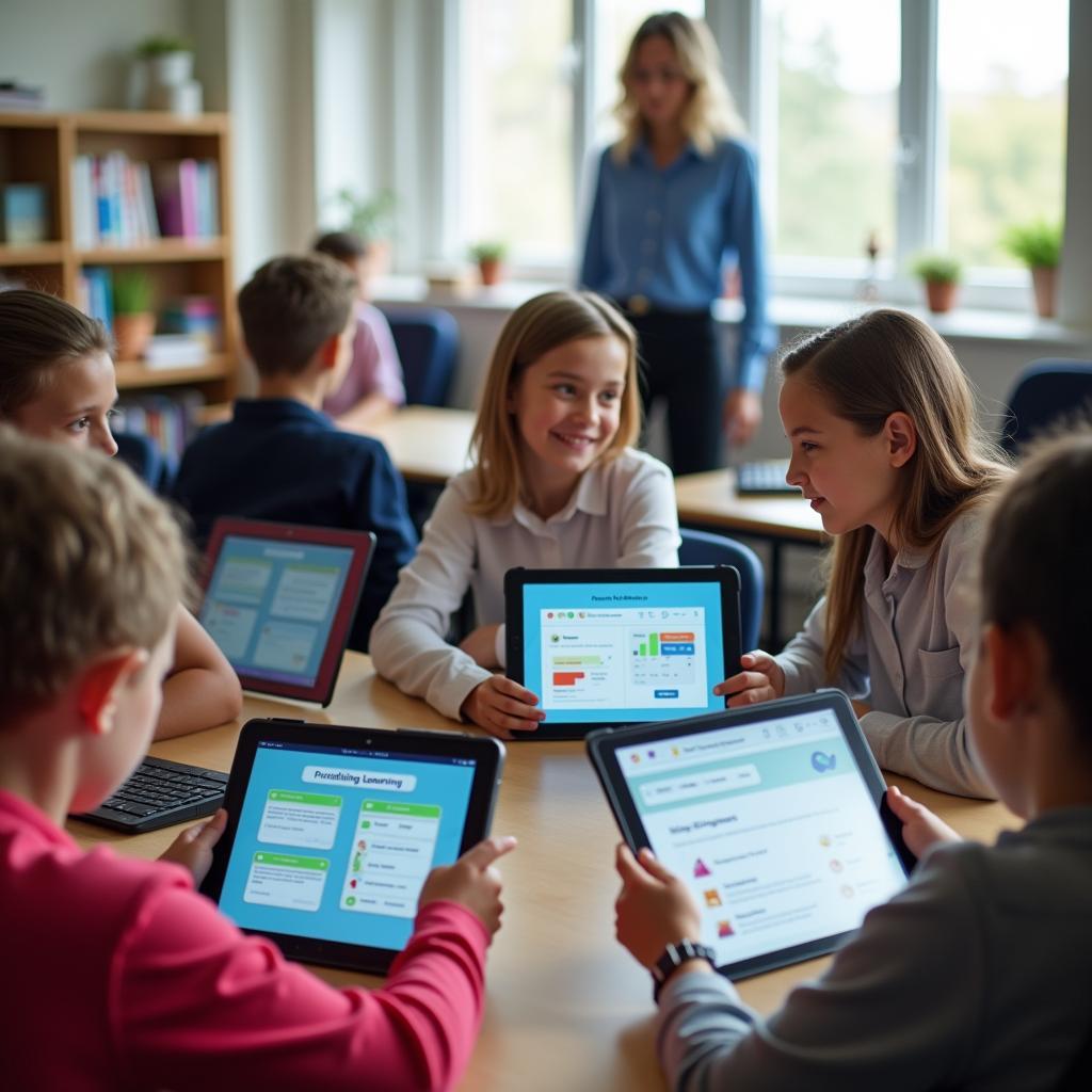 Học sinh sử dụng nền tảng AI để học tập cá nhân hóa với giao diện tương tác thông minh