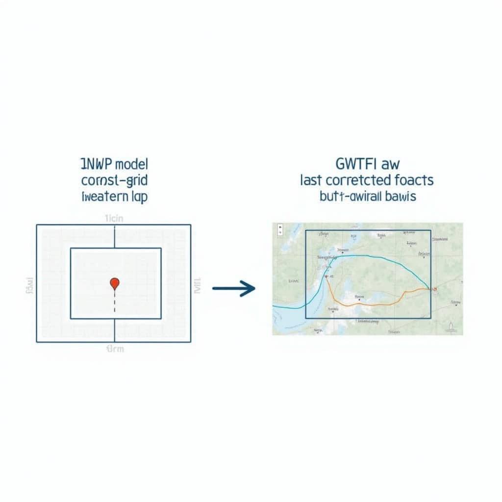 Sơ đồ AI hậu xử lý, tinh chỉnh dữ liệu thô từ mô hình dự báo số NWP để tăng độ chính xác.