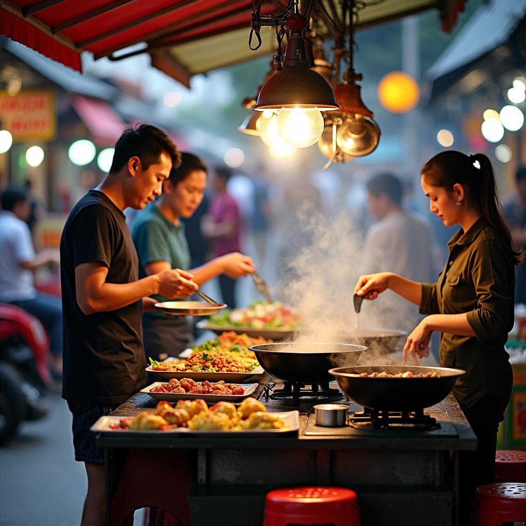 Khung cảnh ẩm thực đường phố Việt Nam sôi động với các món ăn địa phương