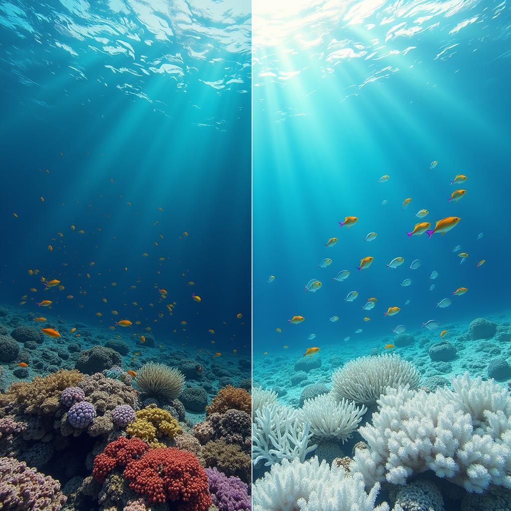 Hình ảnh so sánh san hô khỏe mạnh và san hô bị tẩy trắng do biến đổi khí hậu trong IELTS Reading