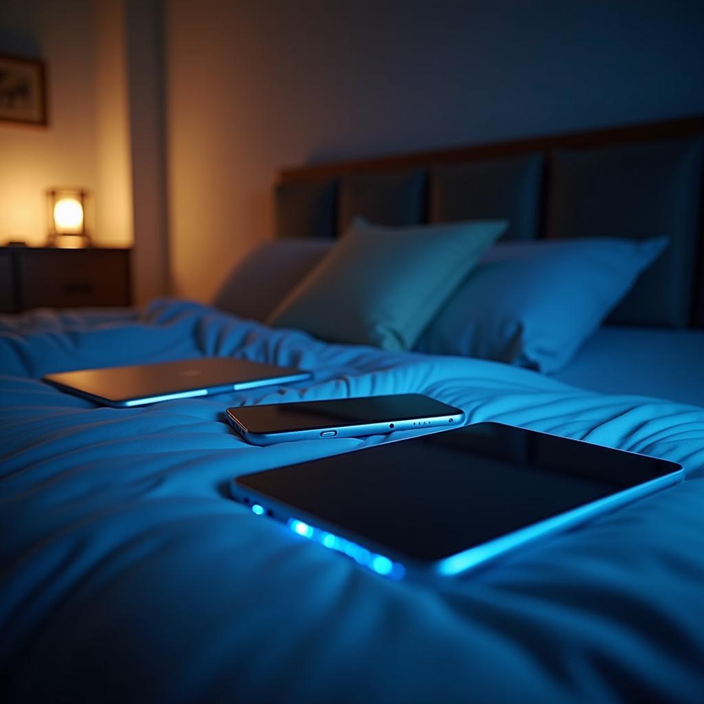 Ảnh minh họa phòng ngủ hiện đại với nhiều thiết bị công nghệ ảnh hưởng đến chất lượng giấc ngủ IELTS Reading
