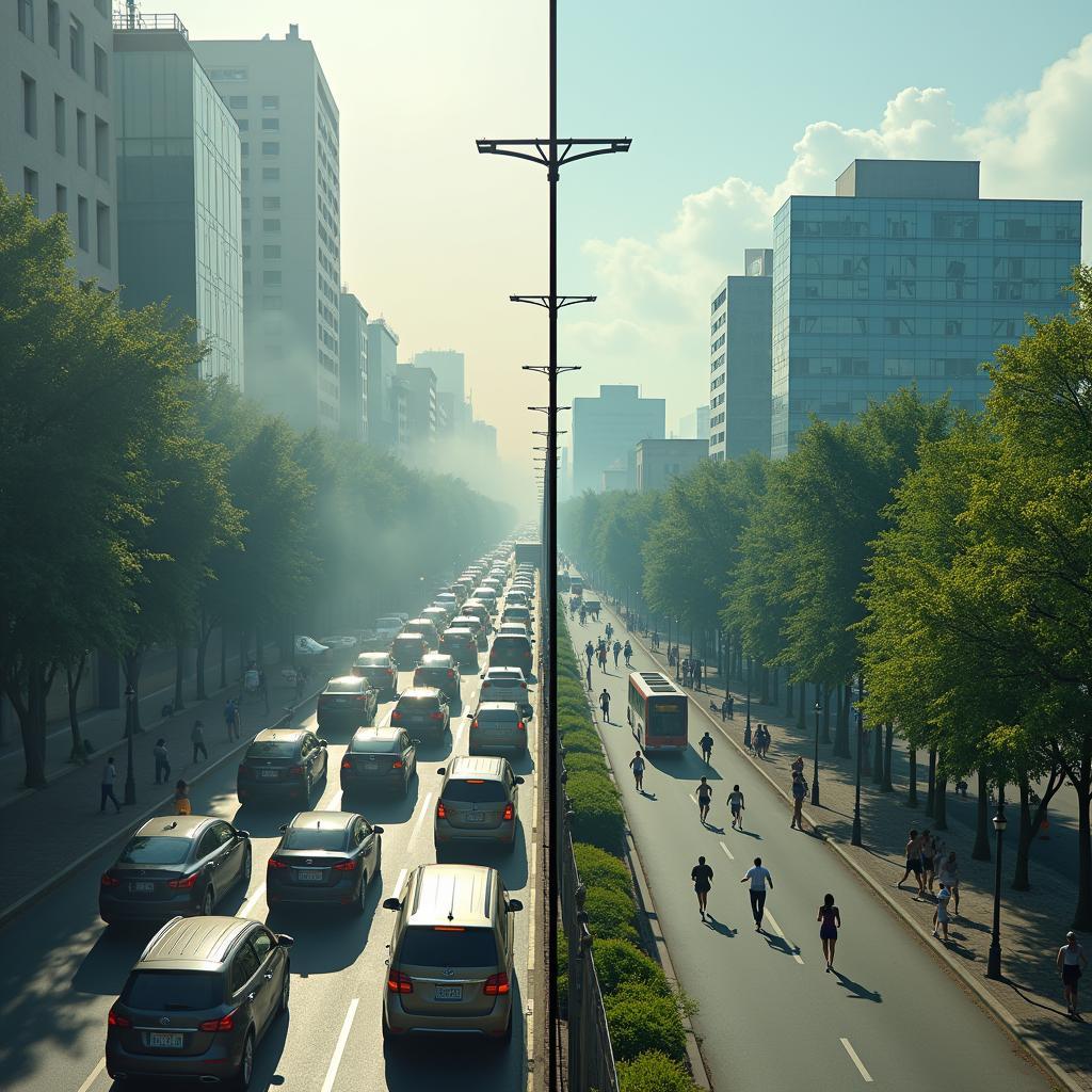 Hình ảnh so sánh tác động hai mặt của đô thị hóa đến sức khỏe cộng đồng trong IELTS Writing Task 2.