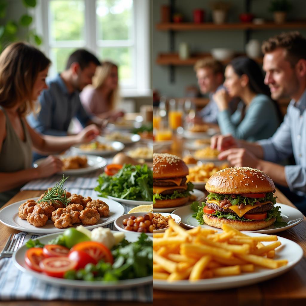 Minh họa tác động của văn hóa thức ăn nhanh đến chế độ ăn uống truyền thống trong xã hội hiện đại