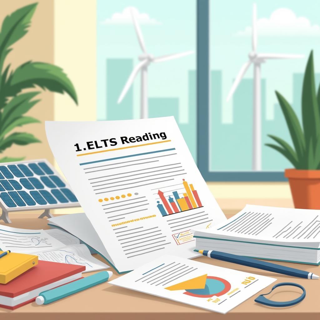 Minh họa bài thi IELTS Reading về tác động kinh tế năng lượng tái tạo với sách vở và biểu đồ