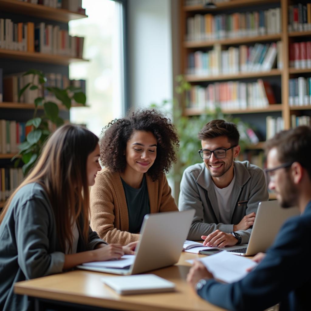 Minh họa sinh viên đang học tập tại thư viện đại học với sách vở và laptop, thể hiện bối cảnh giáo dục đại học và chi phí học tập