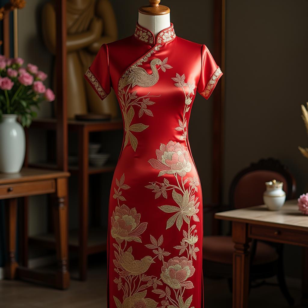 Chiếc áo dài truyền thống Việt Nam được thêu tay tinh xảo với họa tiết chim phượng hoàng và hoa sen