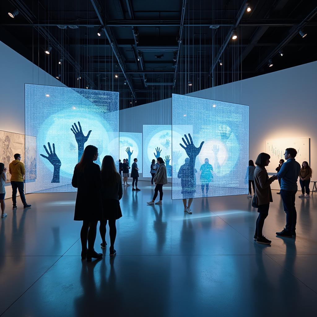 Triển lãm nghệ thuật đa phương tiện sáng tạo với màn hình và tác phẩm điêu khắc cho chủ đề IELTS Speaking