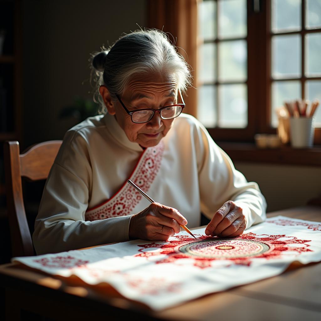 Bà Nội Việt Nam kiên nhẫn thêu thùa áo dài thể hiện đức tính nhẫn nại trong văn hóa truyền thống