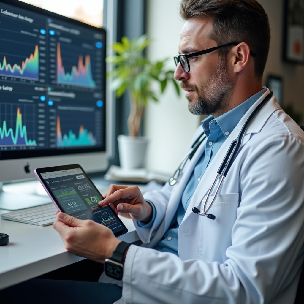 Bác sĩ phân tích dữ liệu sức khỏe từ thiết bị đeo tay của bệnh nhân trong phòng khám hiện đại