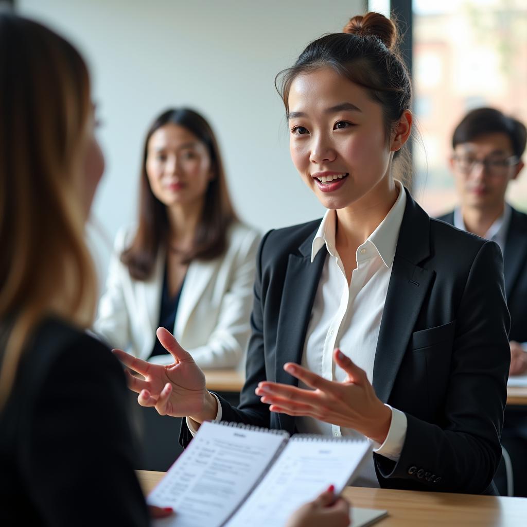 Thí sinh tự tin trình bày bài nói Part 2 về người thành công trong phòng thi IELTS