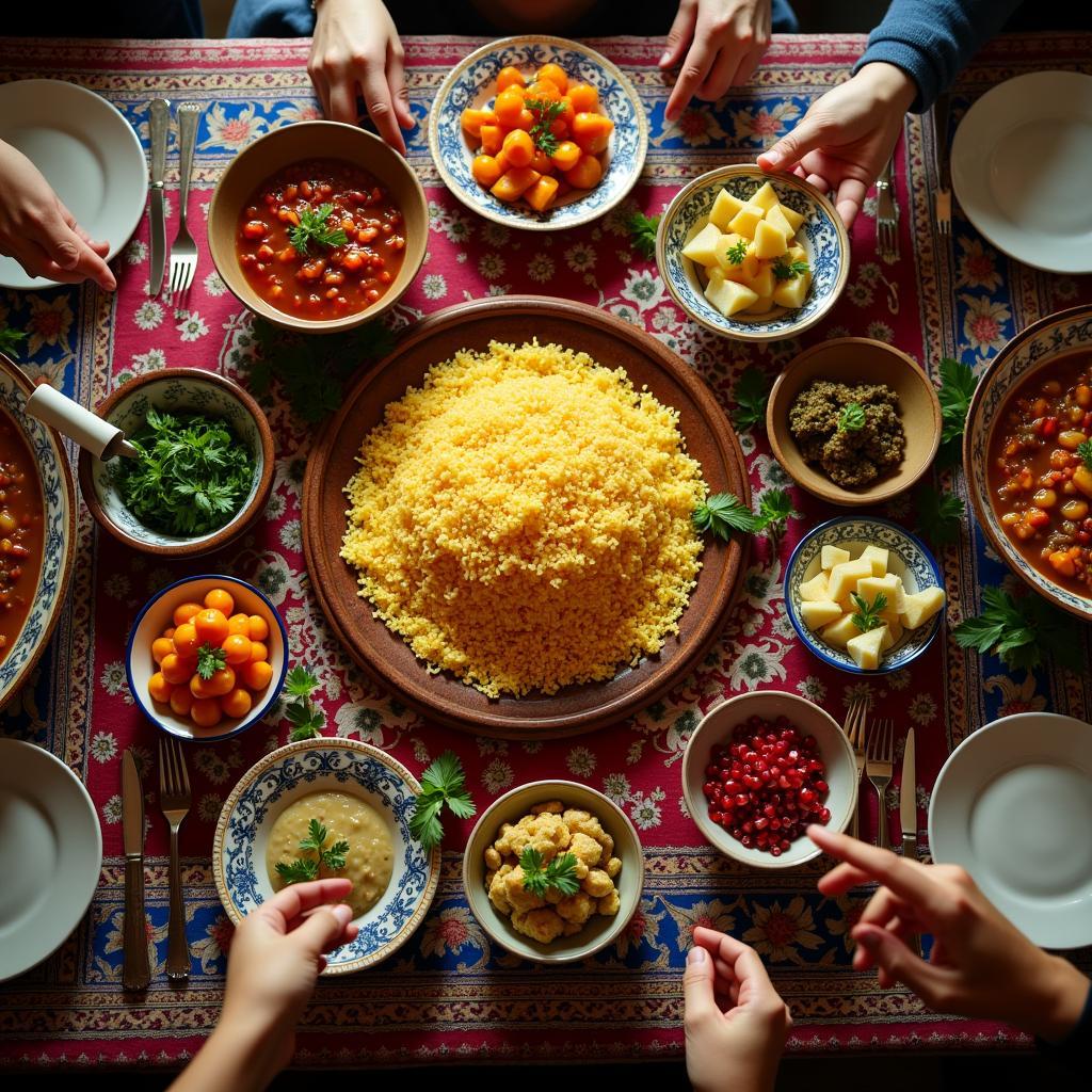 Bàn ăn Persian truyền thống với món tahdig và các món ăn kèm trong bối cảnh gia đình ấm cúng