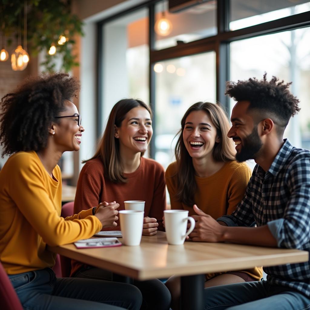 Nhóm bạn trẻ đang trò chuyện vui vẻ tại quán cà phê hiện đại, thể hiện tình bạn gắn bó trong IELTS Speaking