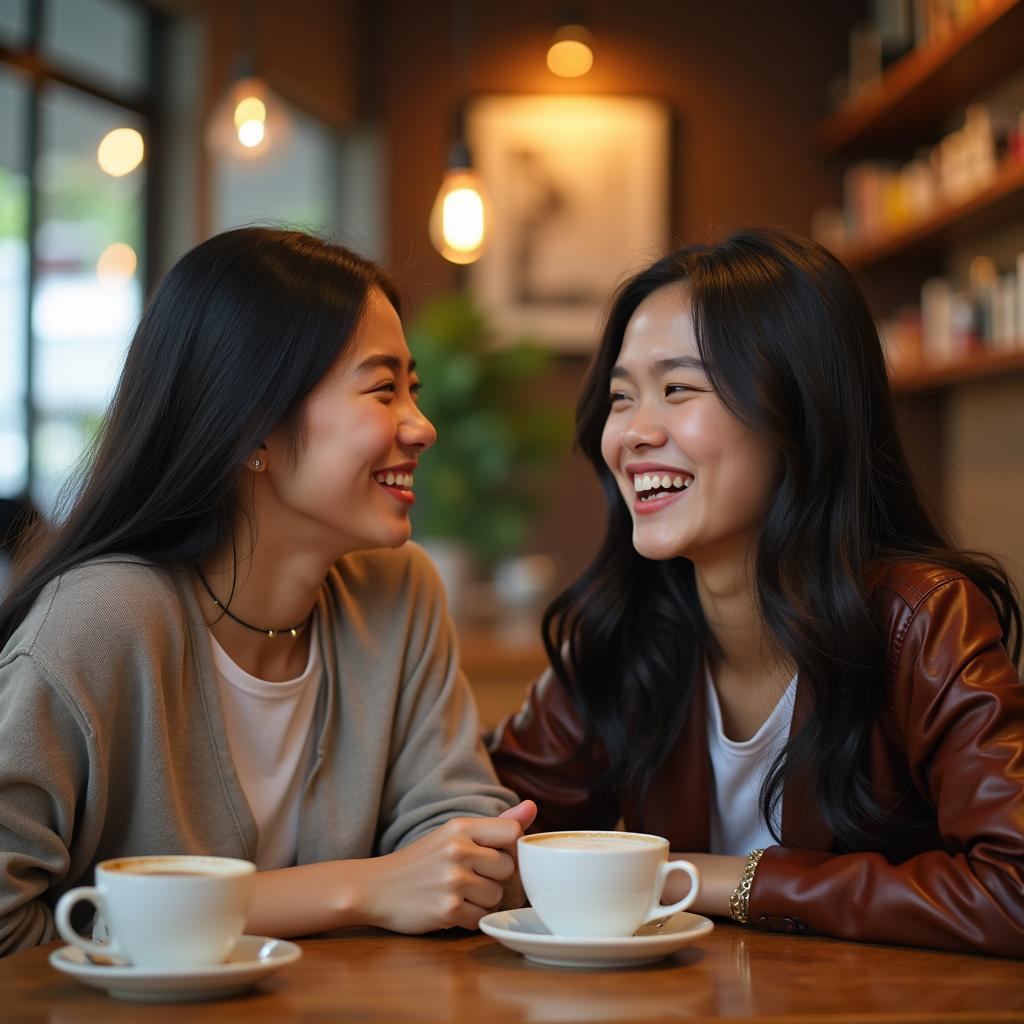 Hai người bạn từ thời thơ ấu đang gặp gỡ sau nhiều năm tại quán cà phê