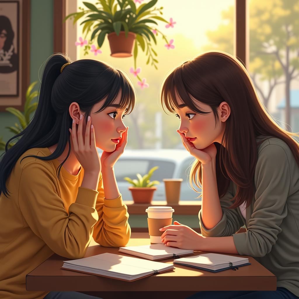 Hai người bạn đang thảo luận nghiêm túc về quyết định nghề nghiệp trong quán cà phê