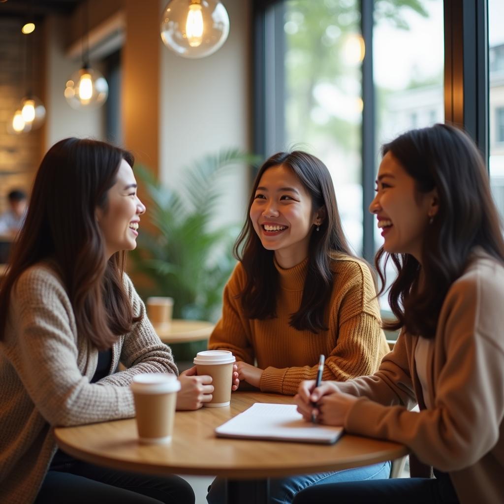 Nhóm bạn thân thiết ngồi trò chuyện tại quán cà phê trong bài thi IELTS Speaking về tình bạn