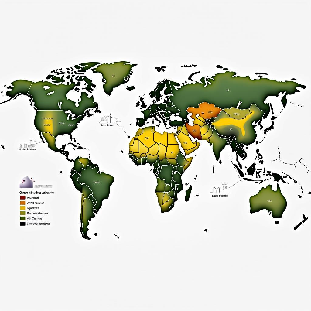 Bản đồ toàn cầu thể hiện sự phân bố nguồn năng lượng tái tạo và ảnh hưởng đến chiến lược an ninh quốc gia