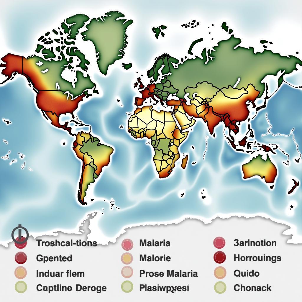 Bản đồ thế giới thể hiện sự phân bố các bệnh truyền nhiễm liên quan đến biến đổi khí hậu theo vùng địa lý