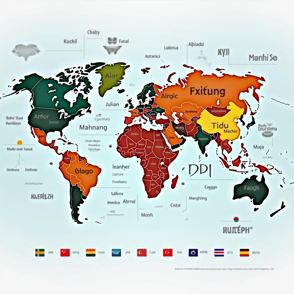 Bản đồ thế giới với các ngôn ngữ phổ biến và biểu tượng văn hóa