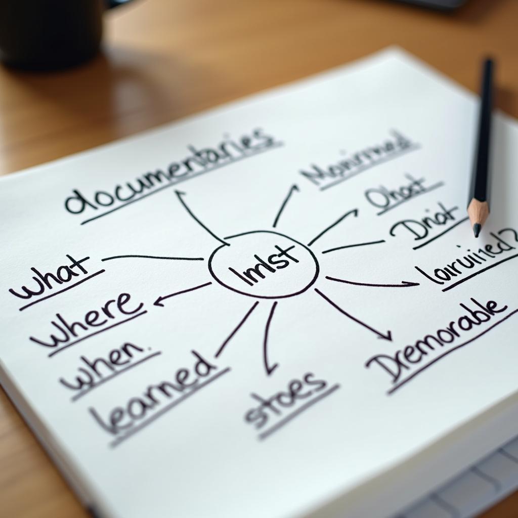 Giấy ghi chú chuẩn bị IELTS Speaking Part 2 về chủ đề phim tài liệu với keywords và mind map