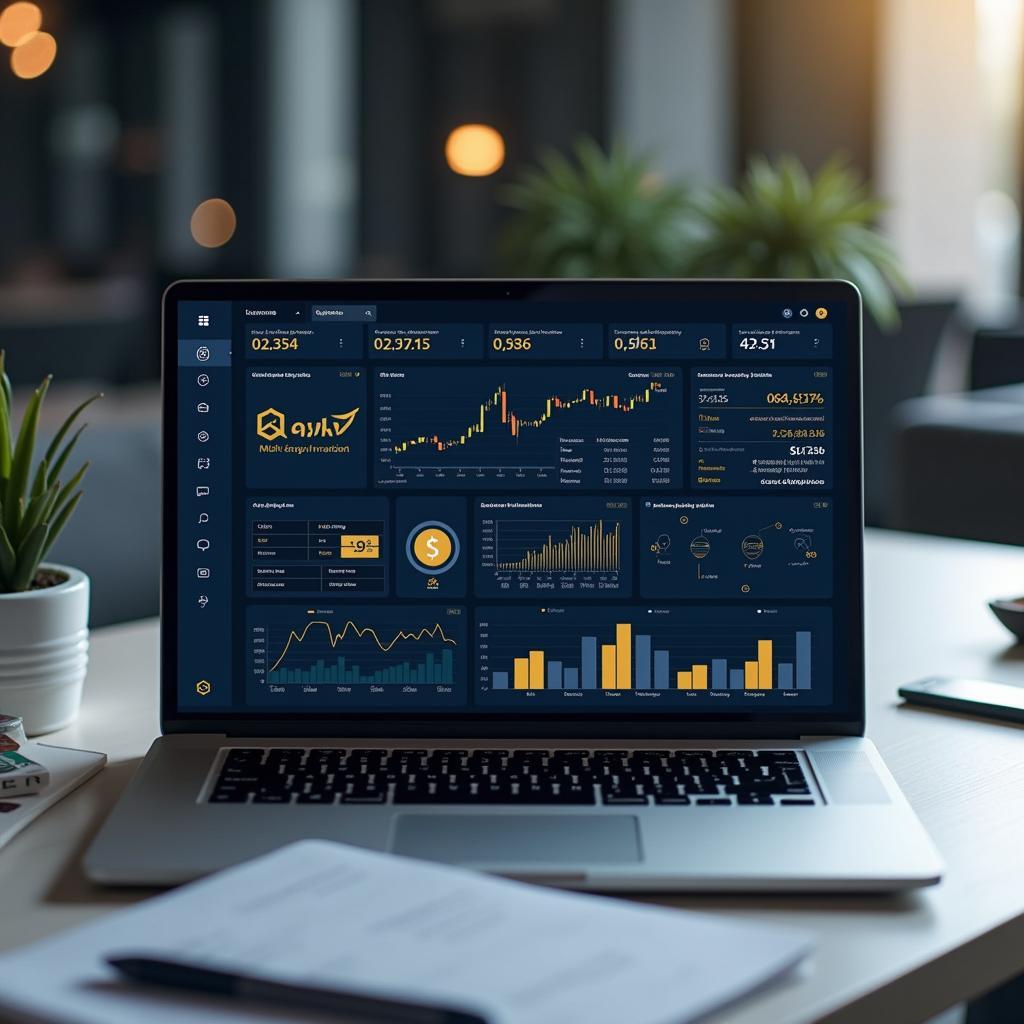 Bàn giao dịch tài chính điện tử với các biểu đồ phân tích và công nghệ bảo mật