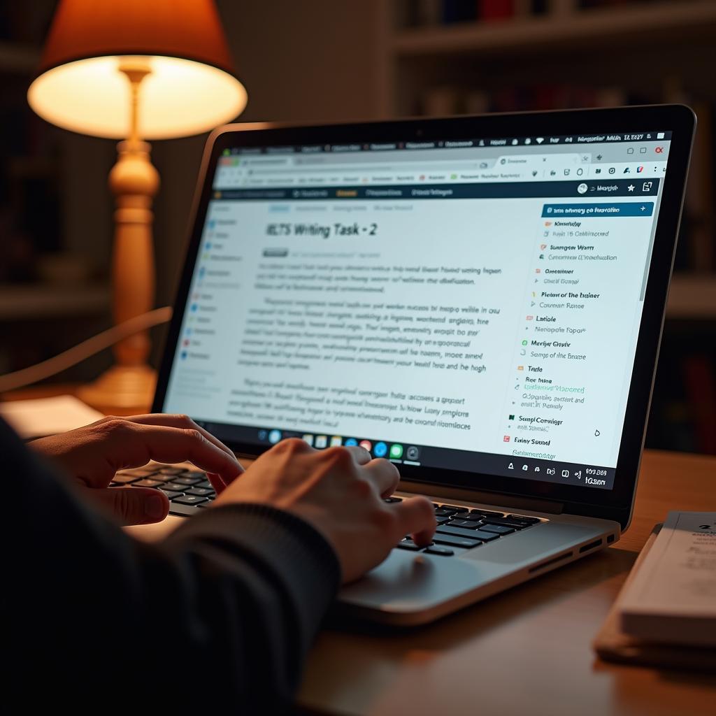 Bàn phím laptop với bài viết IELTS Writing Task 2 về công nghệ đang được soạn thảo