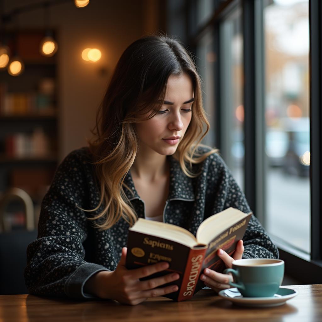 Bạn trẻ đọc sách Sapiens tại quán cafe chuẩn bị IELTS Speaking về cuốn sách ảnh hưởng cuộc đời