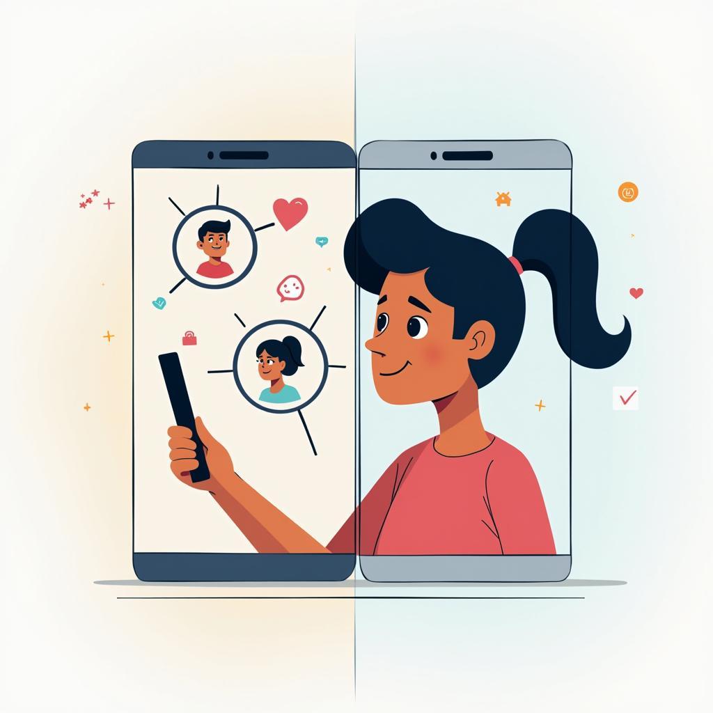 Thanh thiếu niên sử dụng điện thoại thông minh với các biểu tượng mạng xã hội minh họa tác động đến sức khỏe tâm thần