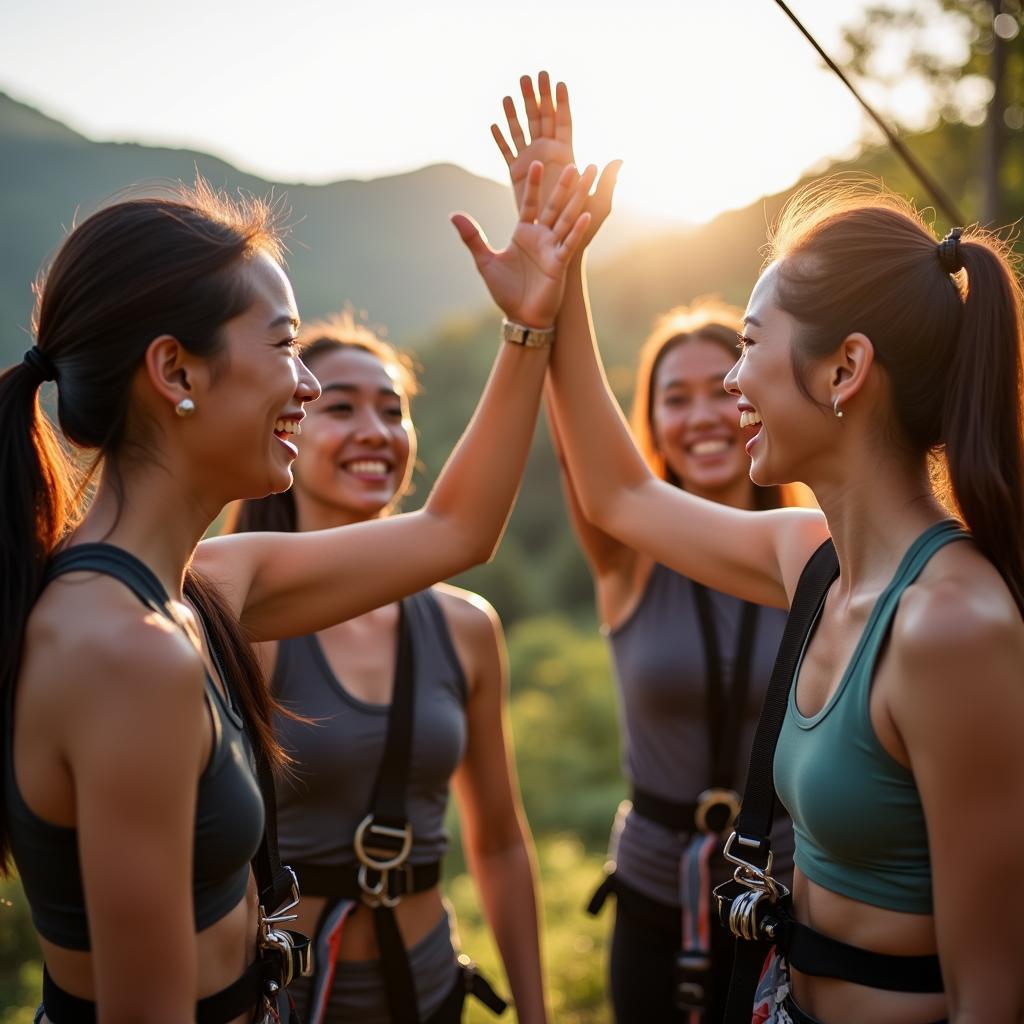 Nhóm bạn trẻ Việt Nam cùng nhau tham gia hoạt động thể thao mạo hiểm thể hiện cảm xúc phấn khích và hạnh phúc