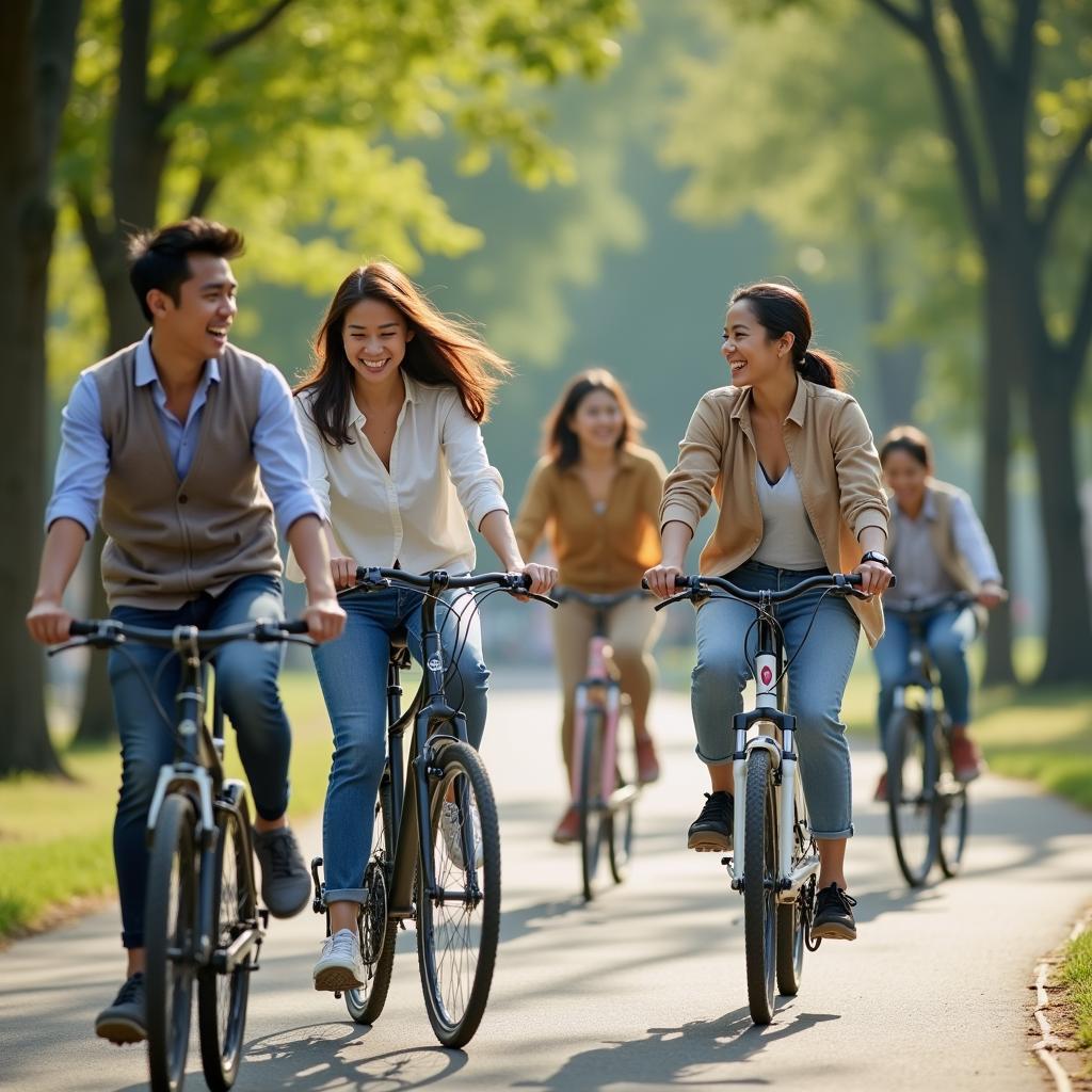 Nhóm bạn trẻ Việt Nam tận hưởng hoạt động ngoài trời vào cuối tuần tại công viên