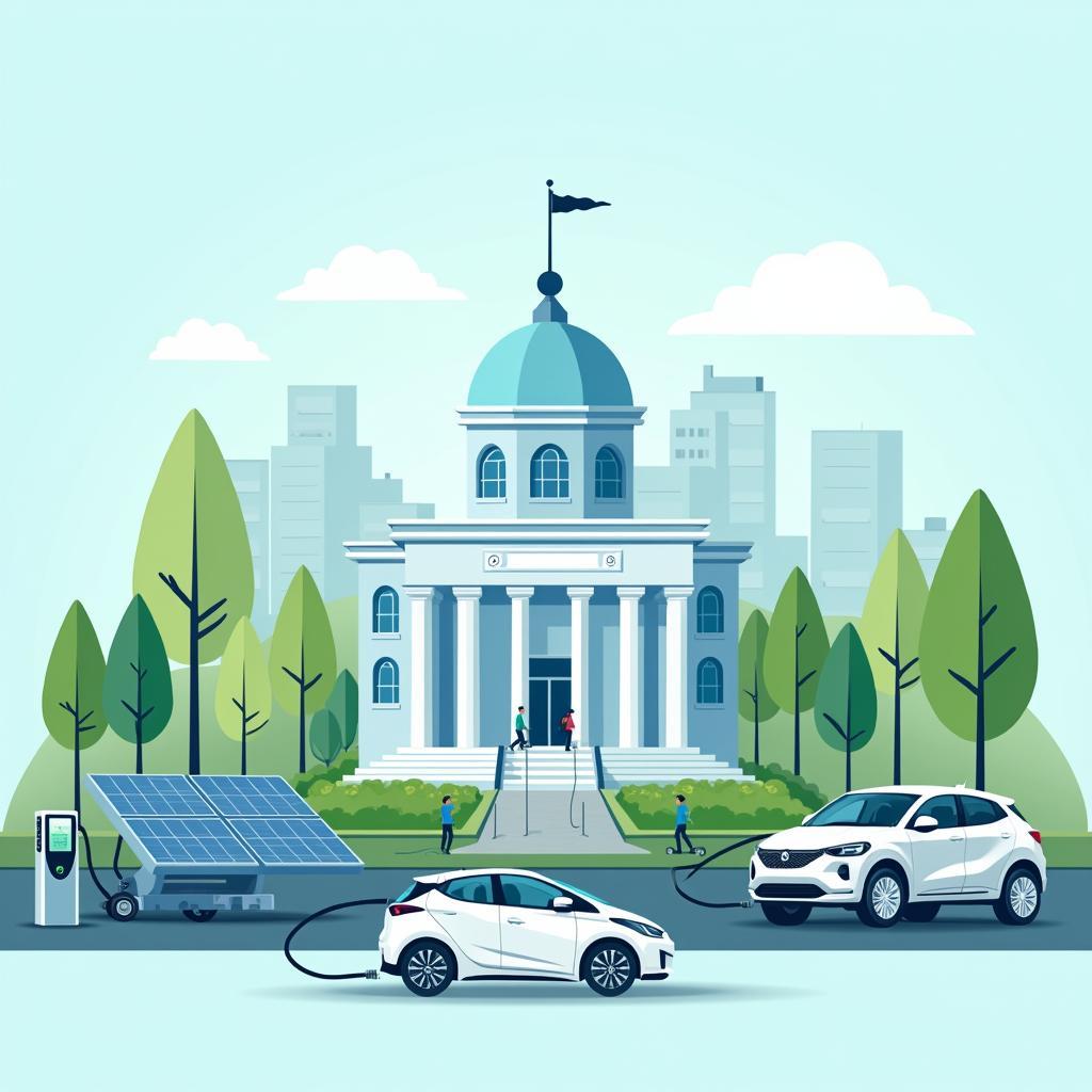 Hình minh họa về chính phủ khuyến khích sử dụng xe điện với trạm sạc và biểu tượng môi trường