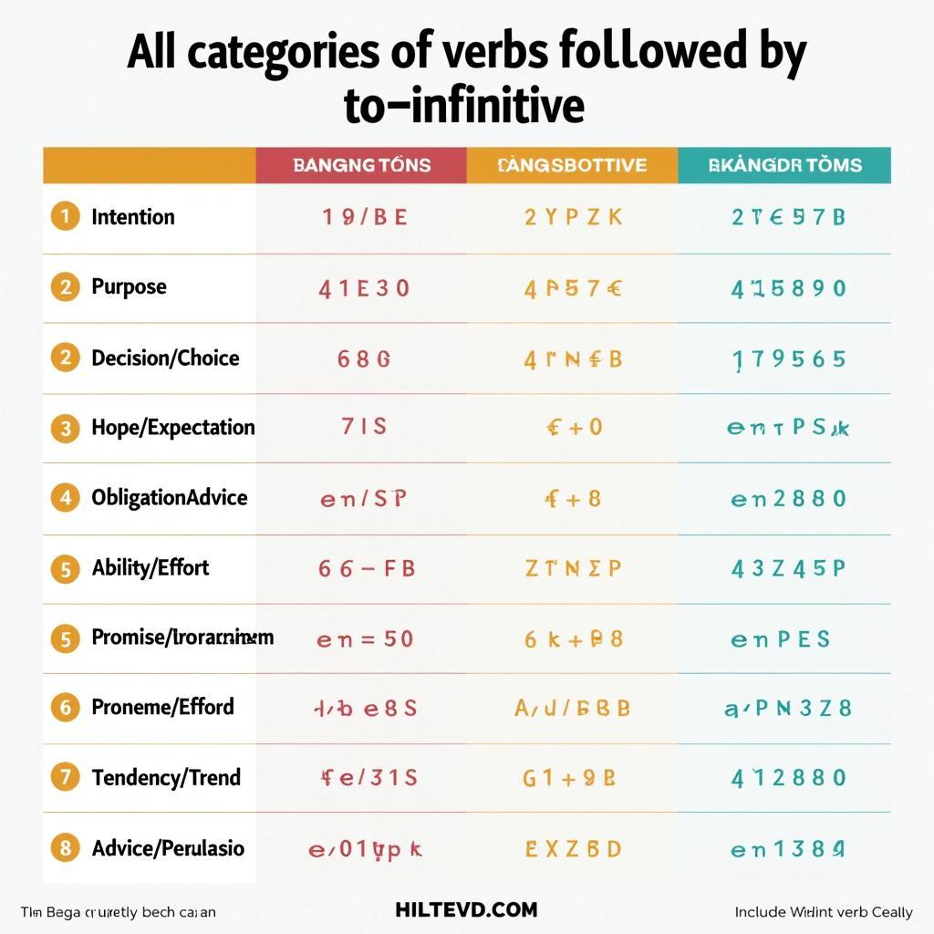 Bảng phân loại chi tiết các động từ theo sau bởi to-infinitive theo nhóm chức năng và band điểm IELTS