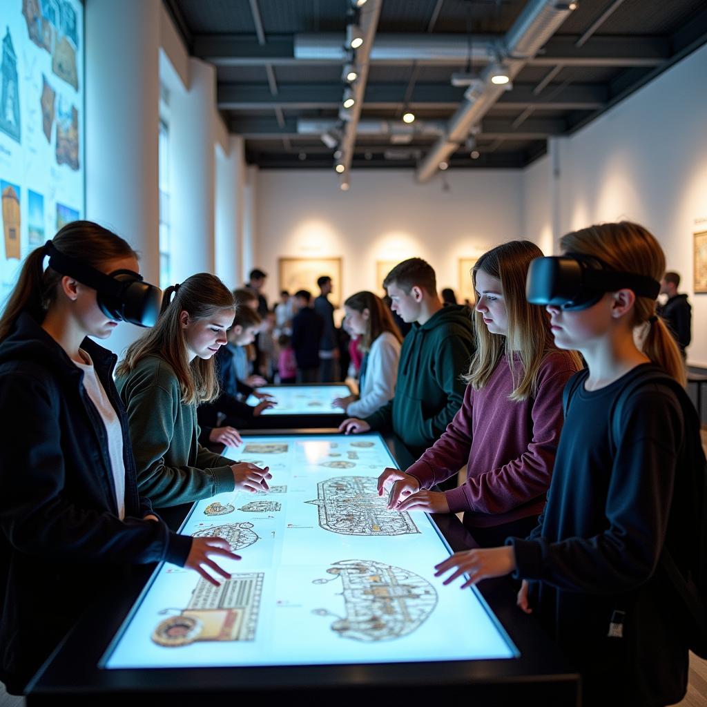 Học sinh tham gia trải nghiệm thực hành tại bảo tàng tương tác hiện đại với màn hình cảm ứng và công nghệ