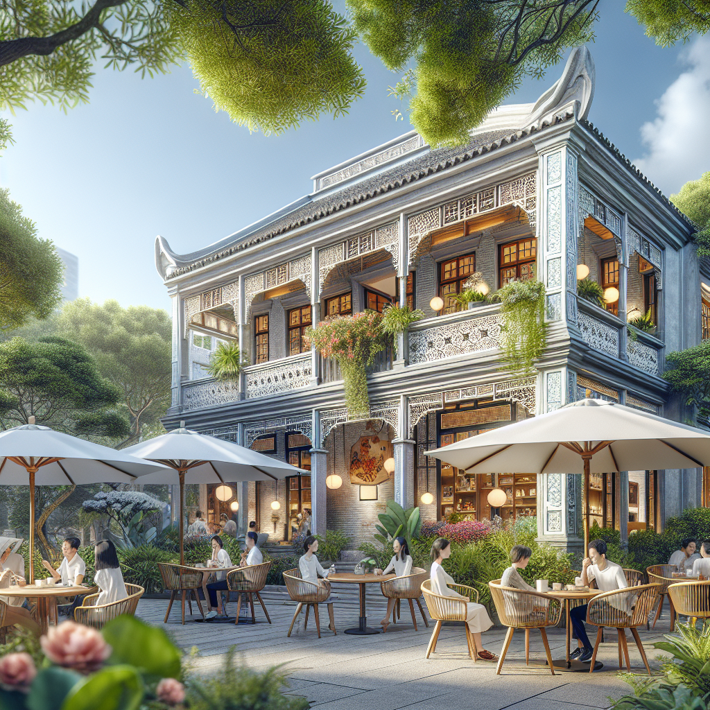 Minh họa việc bảo tồn di sản văn hóa qua việc cải tạo biệt thự cổ thành một quán cà phê đông khách và ấm cúng