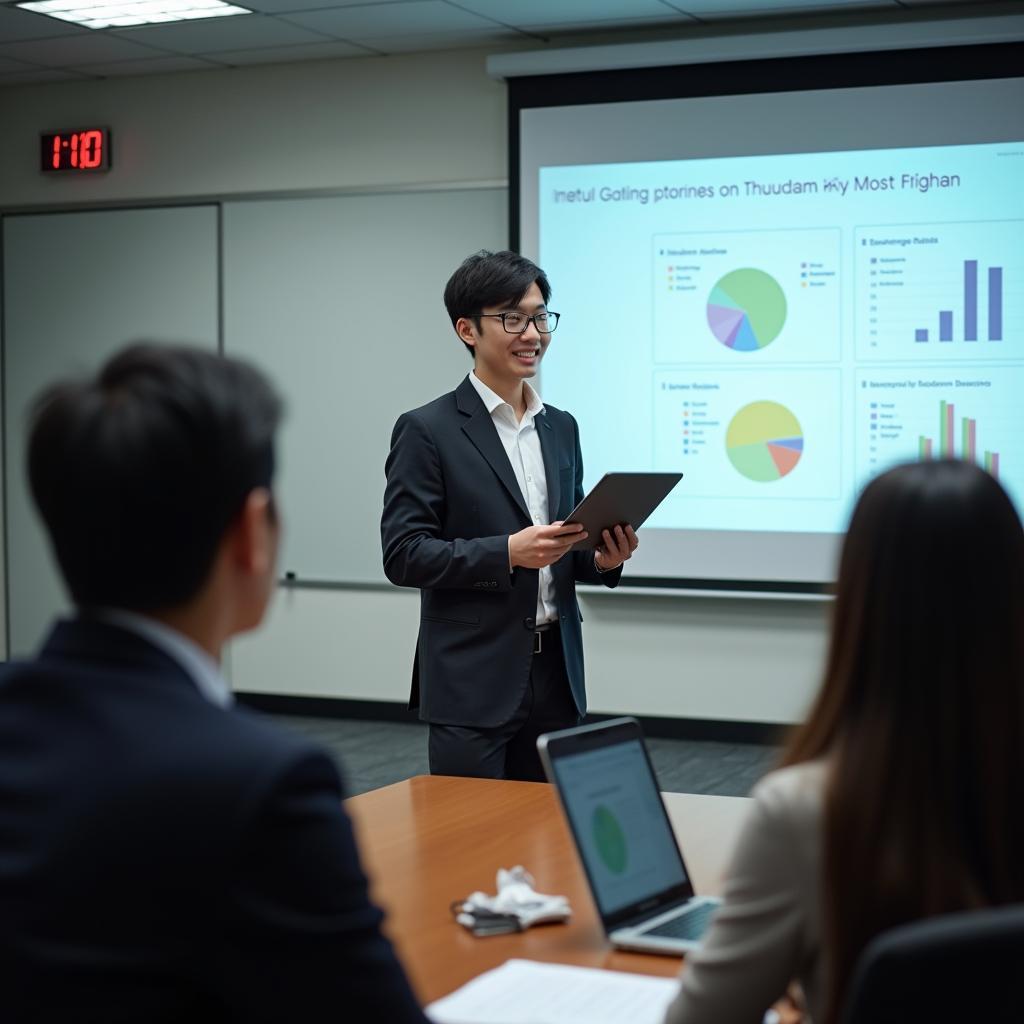 Sinh viên đang tự tin trình bày và bảo vệ luận văn trước hội đồng giáo sư tại đại học