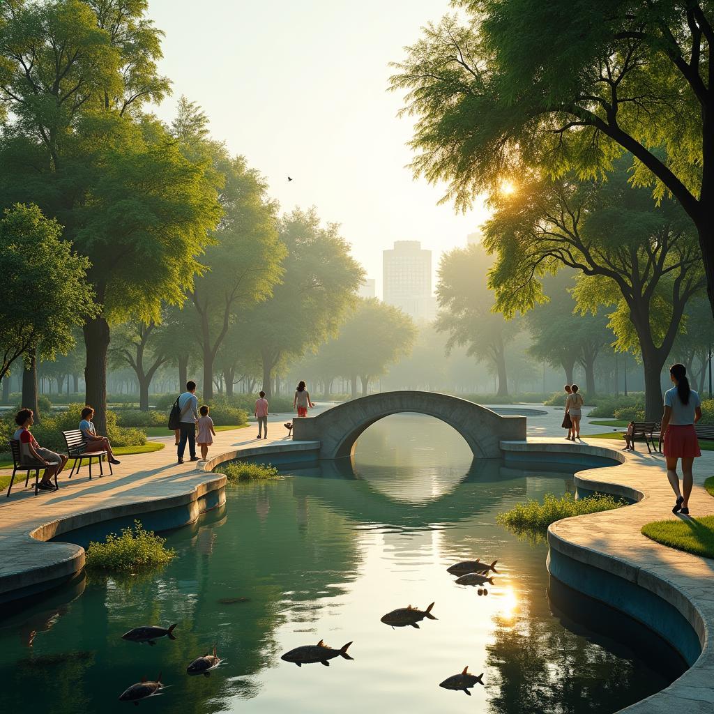 Hồ nước nhân tạo ở công viên với cầu nhỏ và gia đình đang dạo chơi xung quanh