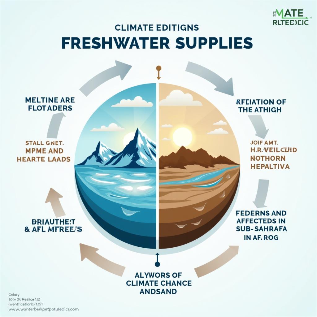 Biểu đồ minh họa tác động của biến đổi khí hậu đến nguồn nước ngọt toàn cầu với hình ảnh băng tan và hạn hán
