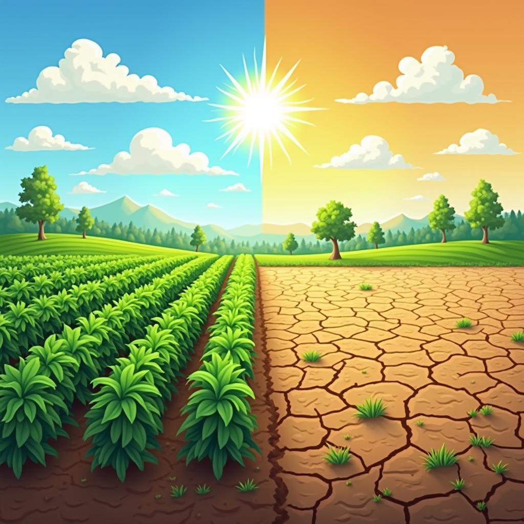 Minh họa tác động biến đổi khí hậu đến nông nghiệp toàn cầu với hạn hán và mất mùa