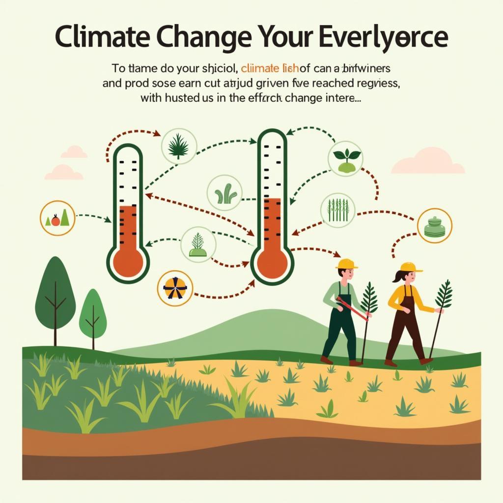 Biểu đồ minh họa tác động của biến đổi khí hậu đến sản xuất nông nghiệp toàn cầu với các yếu tố như nhiệt độ tăng và hạn hán