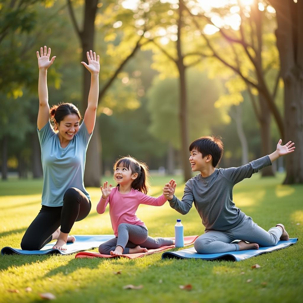 Cha mẹ và con cùng tập thể dục ngoài trời thể hiện thói quen lành mạnh