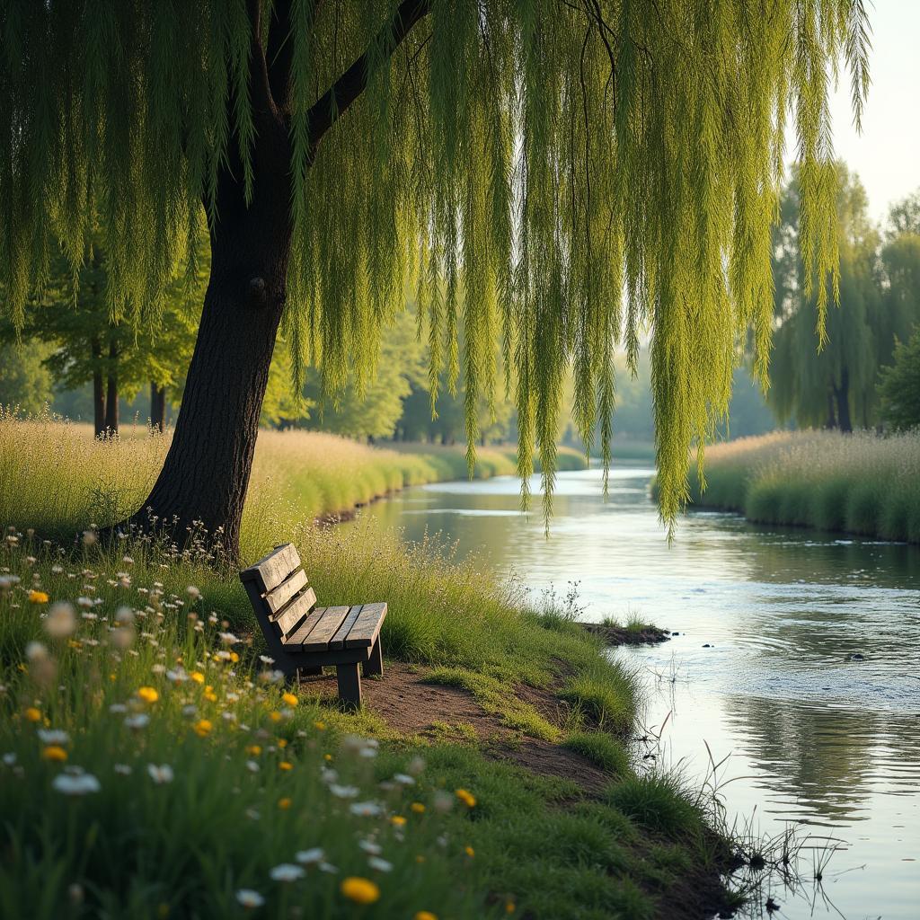 Bờ sông yên tĩnh với cây liễu và băng ghế gỗ cổ kính phù hợp cho chủ đề recharge trong IELTS Speaking