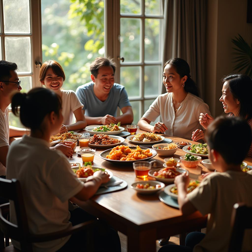 Một gia đình Việt Nam đang quây quần bên bàn ăn trong buổi họp mặt sum vầy với nhiều món ăn truyền thống