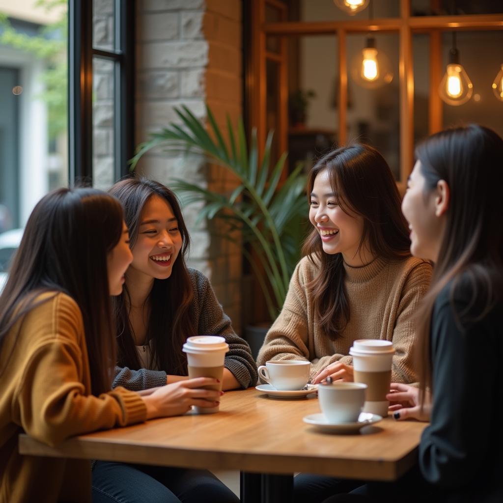 Nhóm bạn trẻ đang trò chuyện vui vẻ trong buổi họp mặt thân mật tại quán cà phê