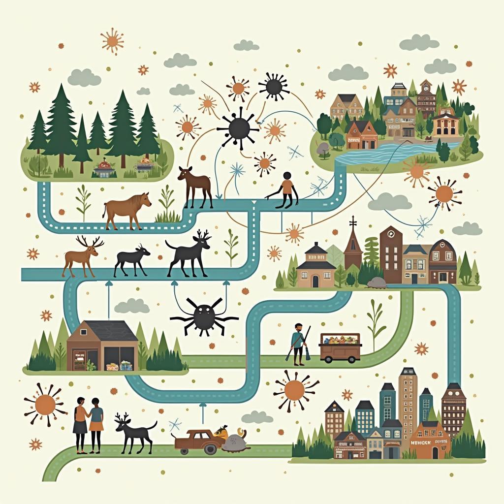 Sơ đồ minh họa các cơ chế phức tạp của việc truyền bệnh từ động vật sang người trong môi trường đô thị