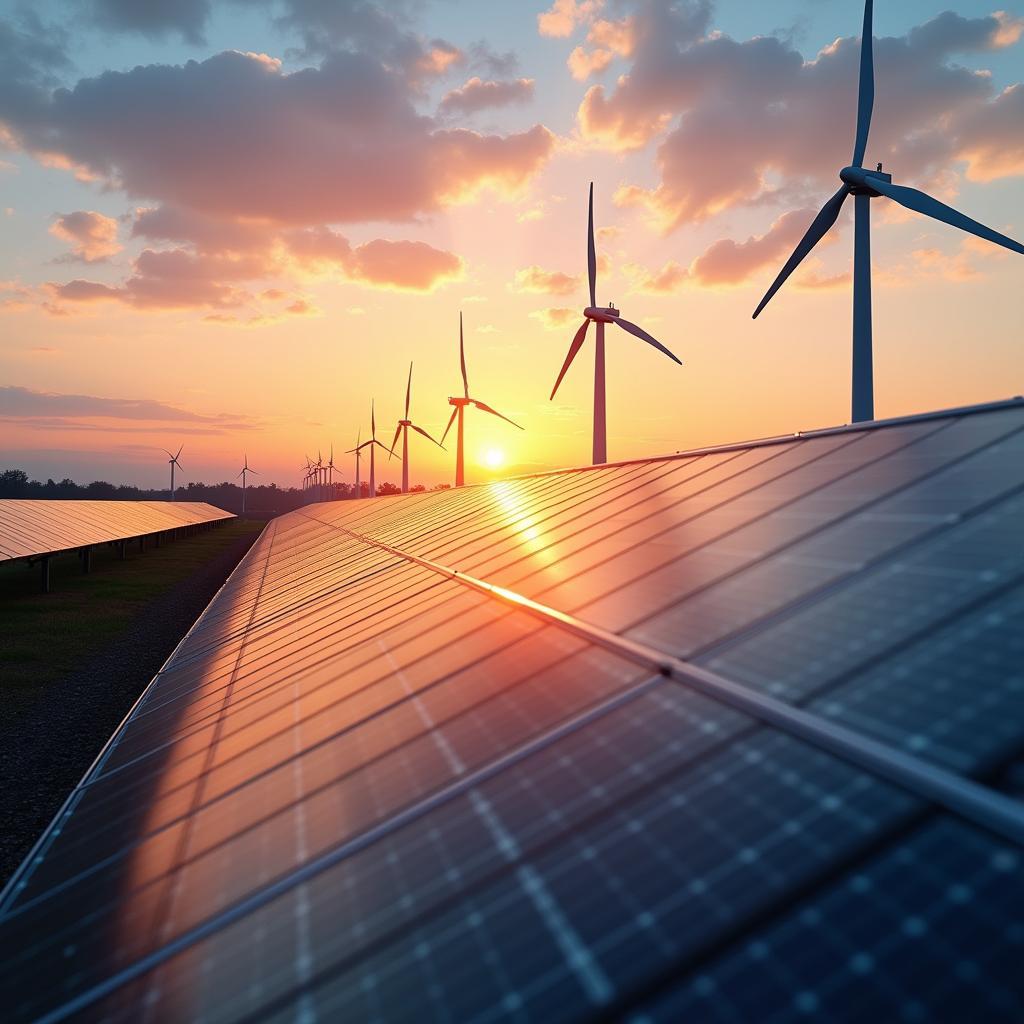 Hình ảnh minh họa các nguồn năng lượng tái tạo phổ biến như tuabin gió và tấm pin mặt trời trên một cánh đồng.
