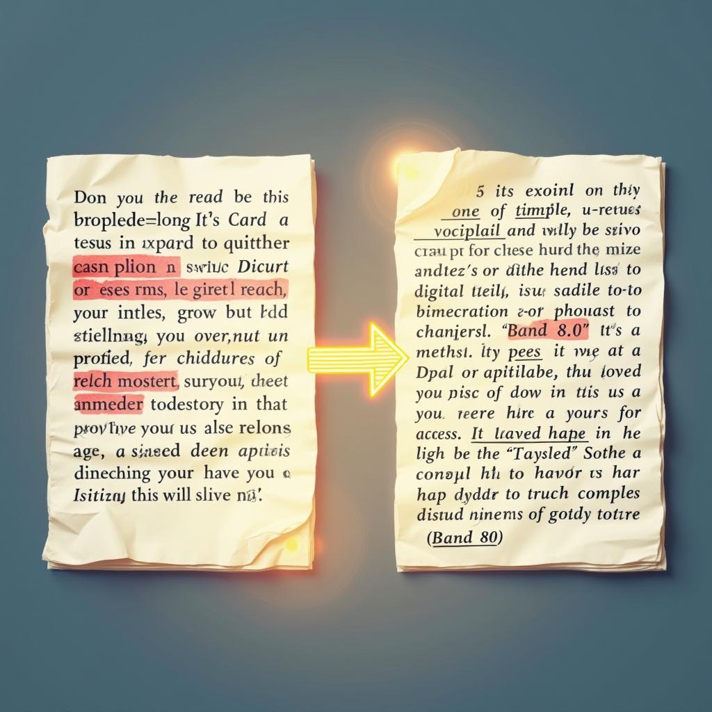 Minh họa quá trình cải thiện điểm IELTS Writing Task 2, từ band 6 lên band 7-8 với cấu trúc câu phức tạp.