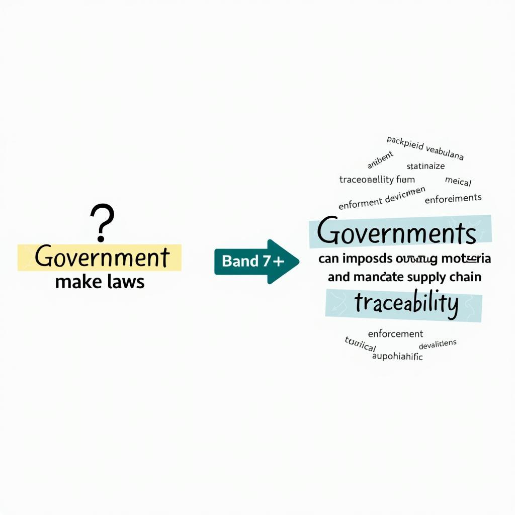 Minh họa quá trình cải thiện kỹ năng viết IELTS từ Band 6 lên Band 7 qua từ vựng và cấu trúc câu.