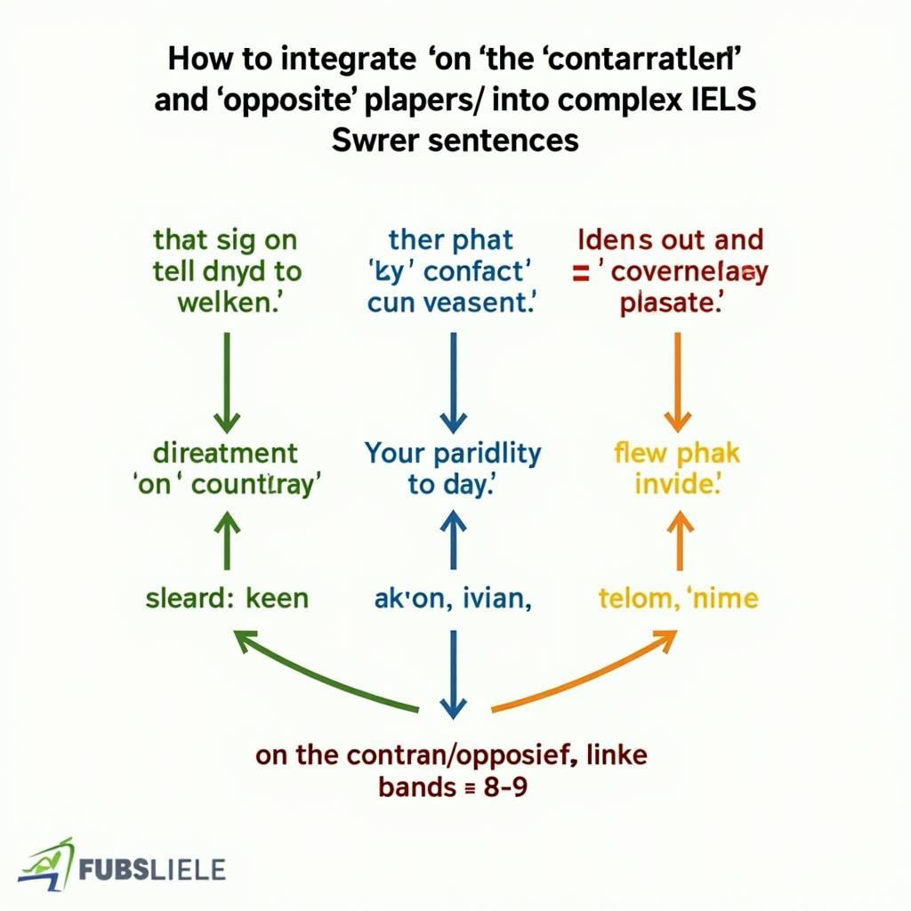 Sơ đồ minh họa cách kết hợp on the contrary và opposite trong câu phức IELTS Band 8-9